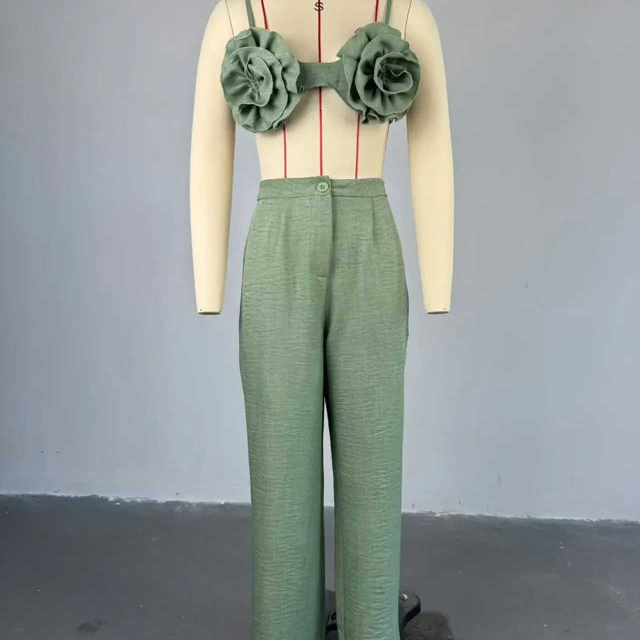 CM.YAYA Streetwear Women's Set Sleeveless 3D Flower Crop Bra Top+Wide Leg Pants Elegant beach holiday Two 2 Piece Set Outfits