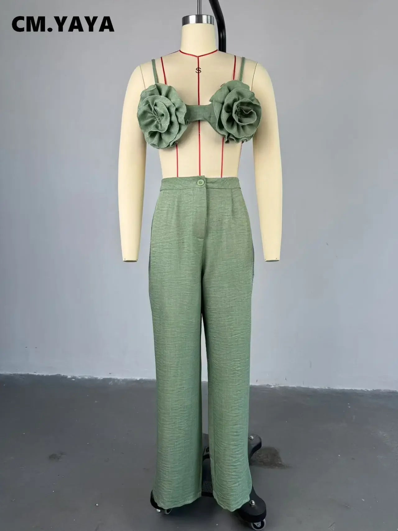 CM.YAYA Streetwear Women's Set Sleeveless 3D Flower Crop Bra Top+Wide Leg Pants Elegant beach holiday Two 2 Piece Set Outfits