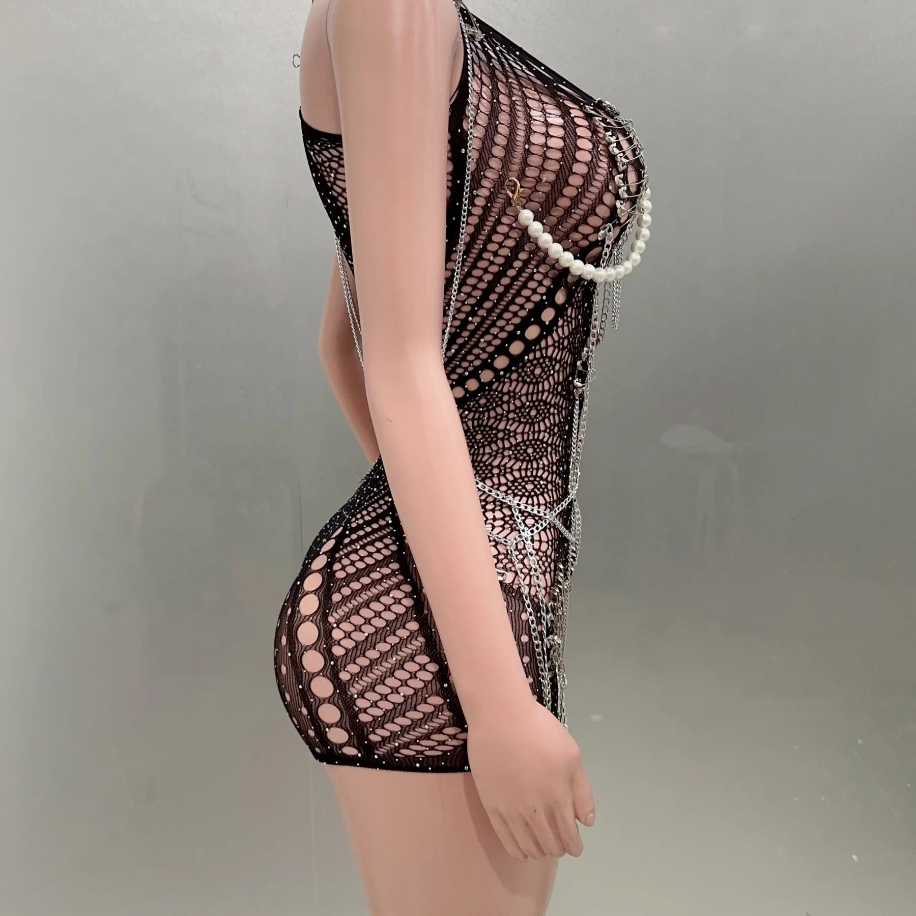 Celebridade Moda Boate Festa Aniversário Roupas Mulheres Sexy Malha Transparente Bodycon Beading Playsuit Performance Costume