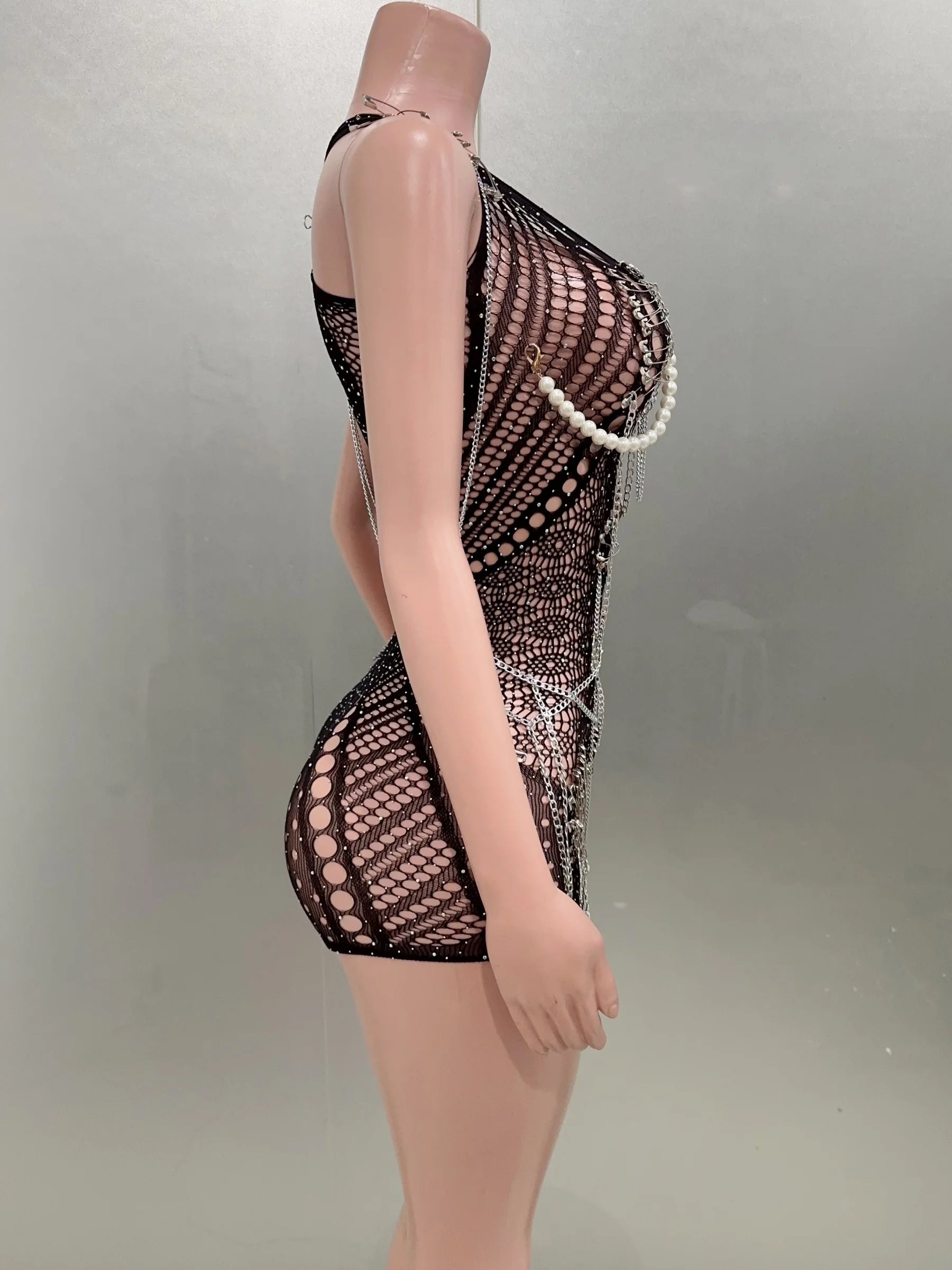 Celebridade Moda Boate Festa Aniversário Roupas Mulheres Sexy Malha Transparente Bodycon Beading Playsuit Performance Costume