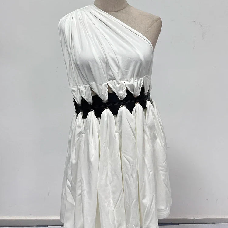 Patchwork Leather Chic Dresses For Women Diagonal Collar Sleeveless High Waist Hollow Out Mini Dress Female Style