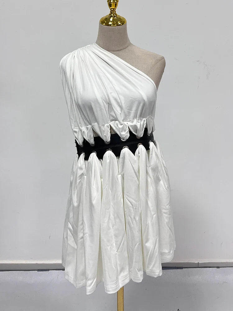 Patchwork Leather Chic Dresses For Women Diagonal Collar Sleeveless High Waist Hollow Out Mini Dress Female Style