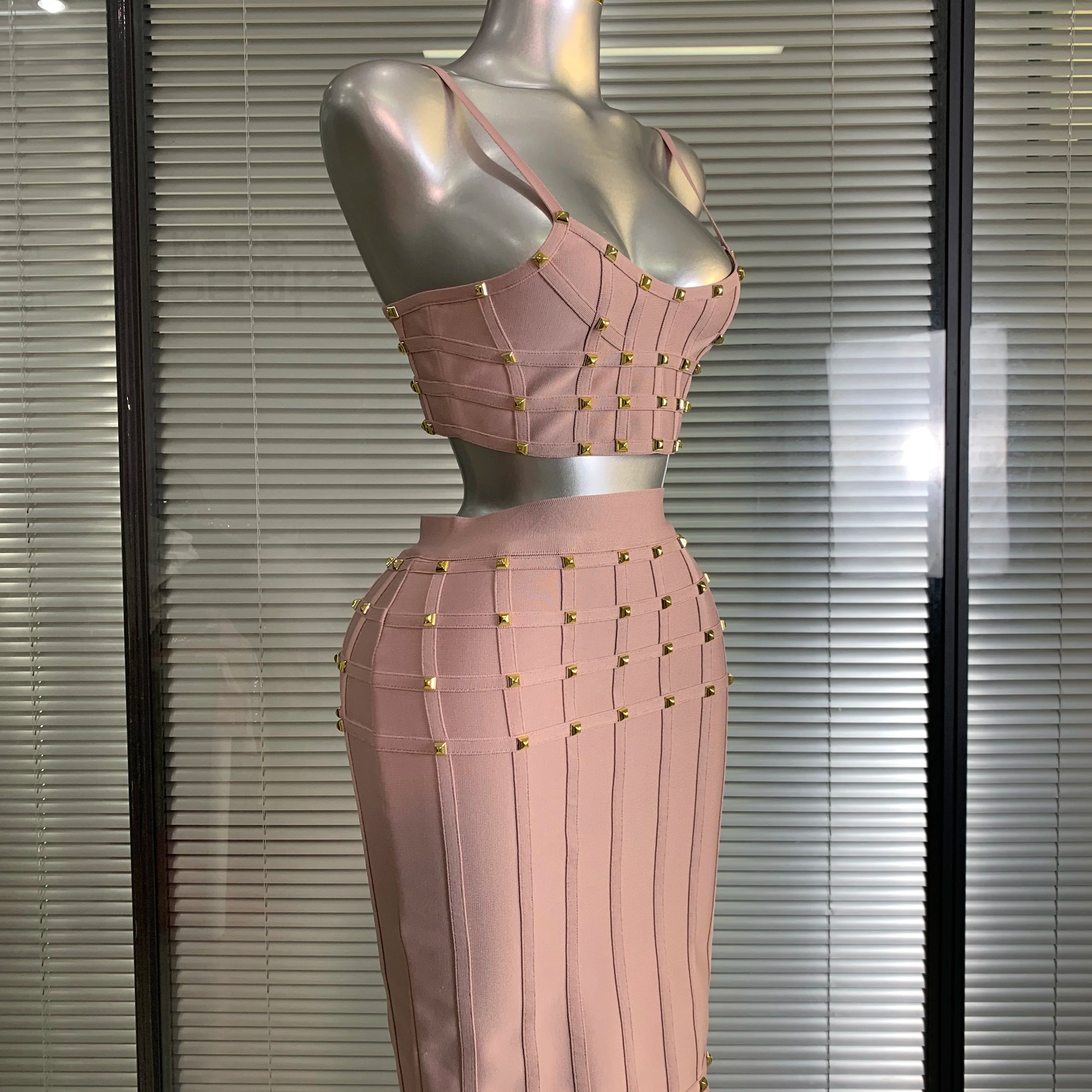 Summer New 2025 Women Sexy Pink Rivet Bandage Two Piece Set Celebrity Evening Party Skirt Suits