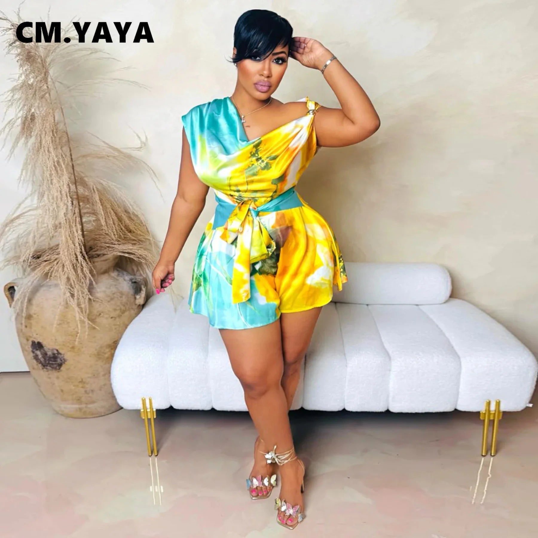 CM.YAYA Women Tie Dye Print Beach Sleeveless V-neck Sashes Sexy Party Club Playsuits Jumpsuit 2025 Summer One Piece Suit Rompers