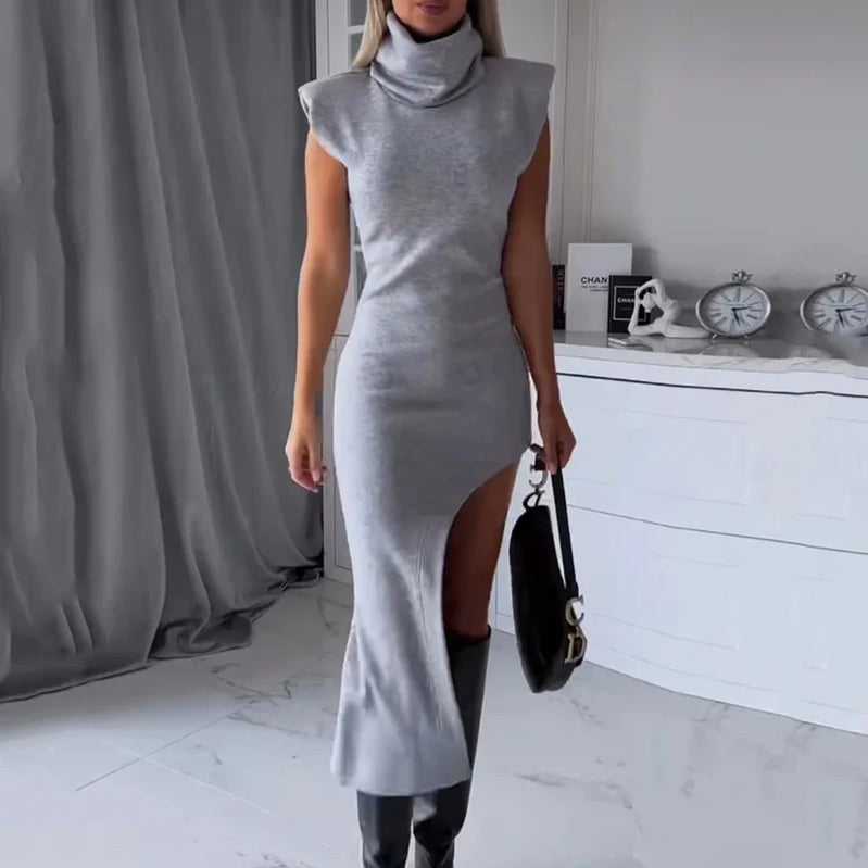 Women Dresses Autumn Winter High Neck Sleeveless Solid Color Bodycon Irregular Slit Dress Fashion Chic High Streetwear