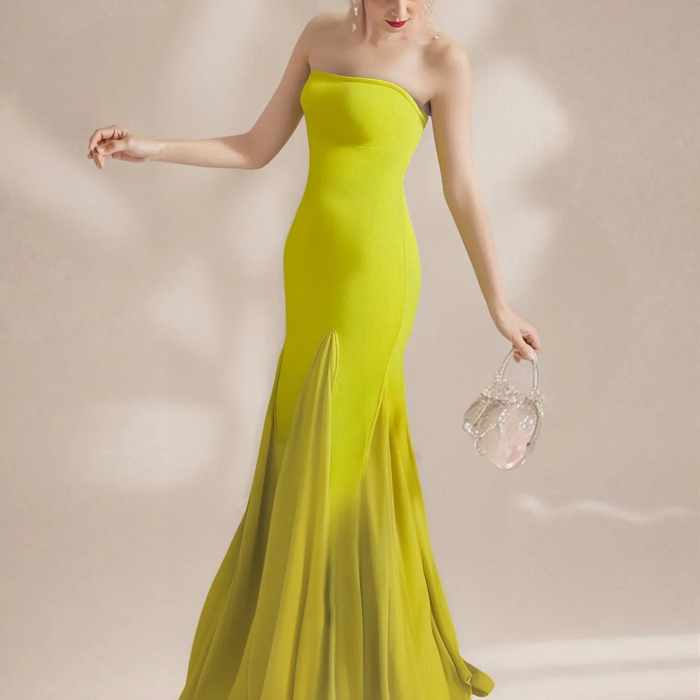 Fashion Yellow Color Women Sexy Strapless Bodycon Bandage Long Dress Celebrate Birthday Party Evening Outfit Wholesale