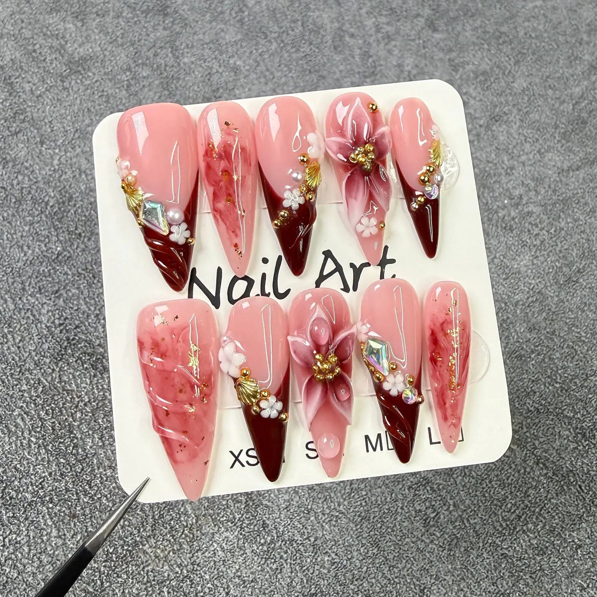 10pcs long stiletto handmade false nail sets pink Smudge almond nails tips flower diamond fake nail art French press on nails
