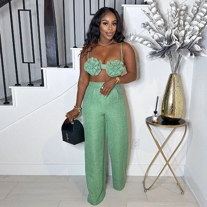 CM.YAYA Streetwear Women's Set Sleeveless 3D Flower Crop Bra Top+Wide Leg Pants Elegant beach holiday Two 2 Piece Set Outfits
