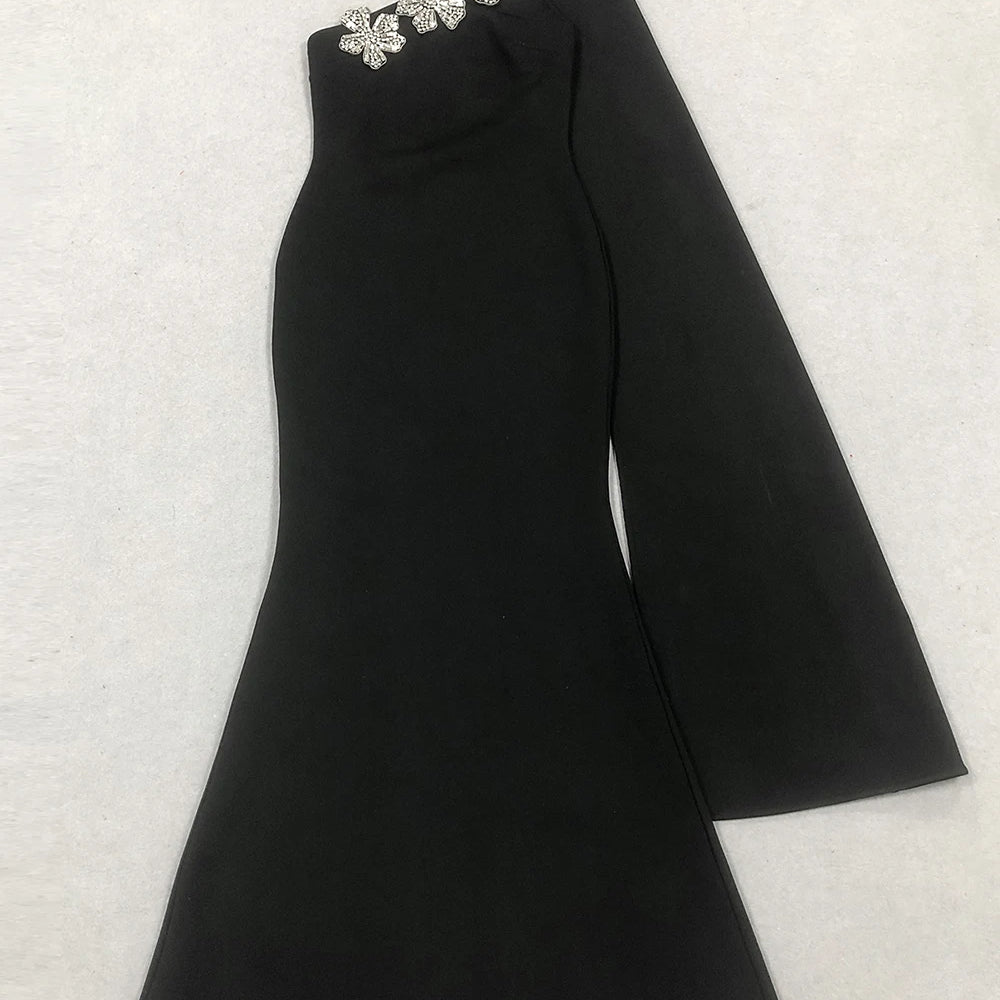 Elegant Solid Diamond Flower Bandage Women Halter Dress Off Shoulder Sleeveless Backless Slim Female Maxi Dresses 2025 Lady Robe