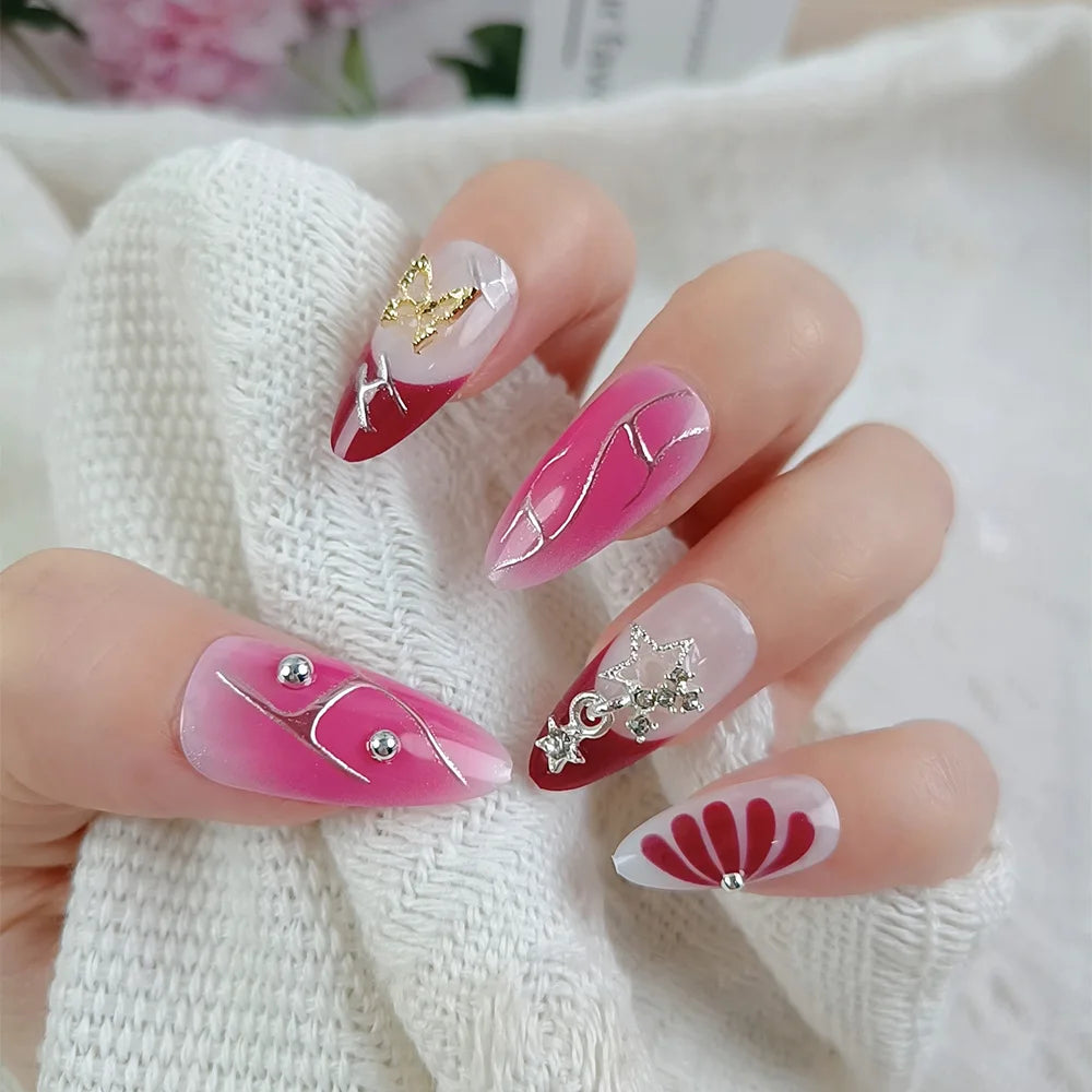 24pcs Purple Short Almond False Nails Press on Pearl Flower Design Nails Corrugation Tips Fake Nail Art Wearable Full Cover Nail