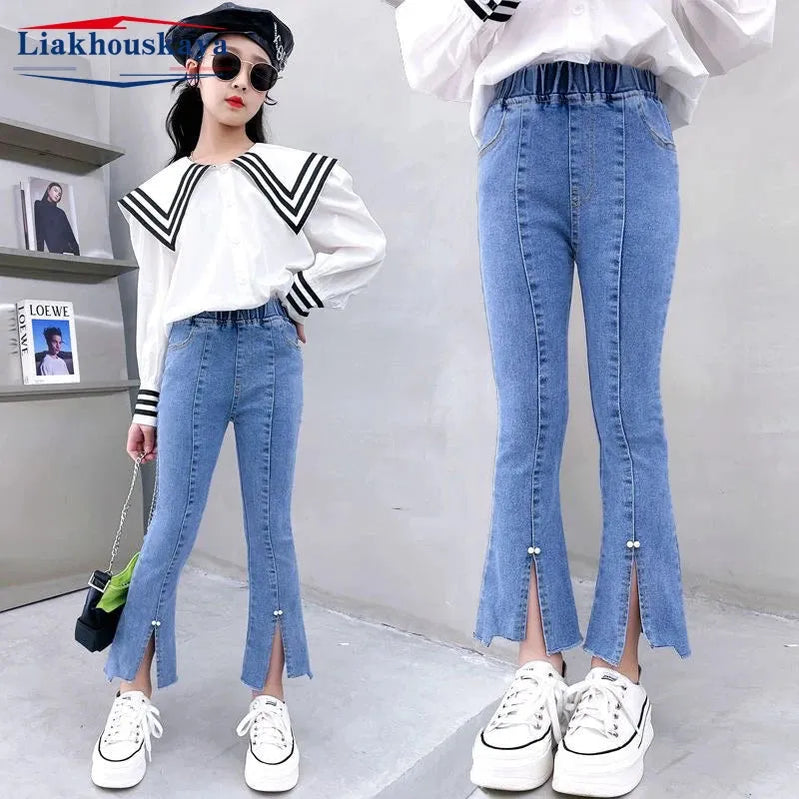 Girls Hole Sale Hanger Jeans Pants Kids Denim Trousers Casual Clothes For Teenagers Girl Spring Winter Trendy Children Clothes Beaded bell bottoms