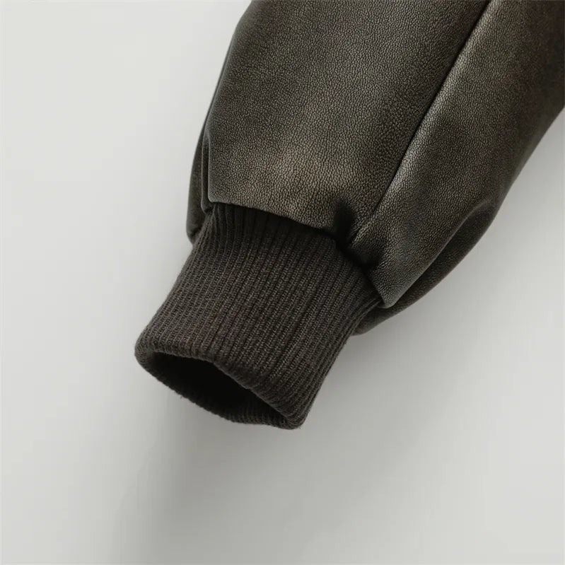 Vintage imitation leather bomber jacket coat top women's style