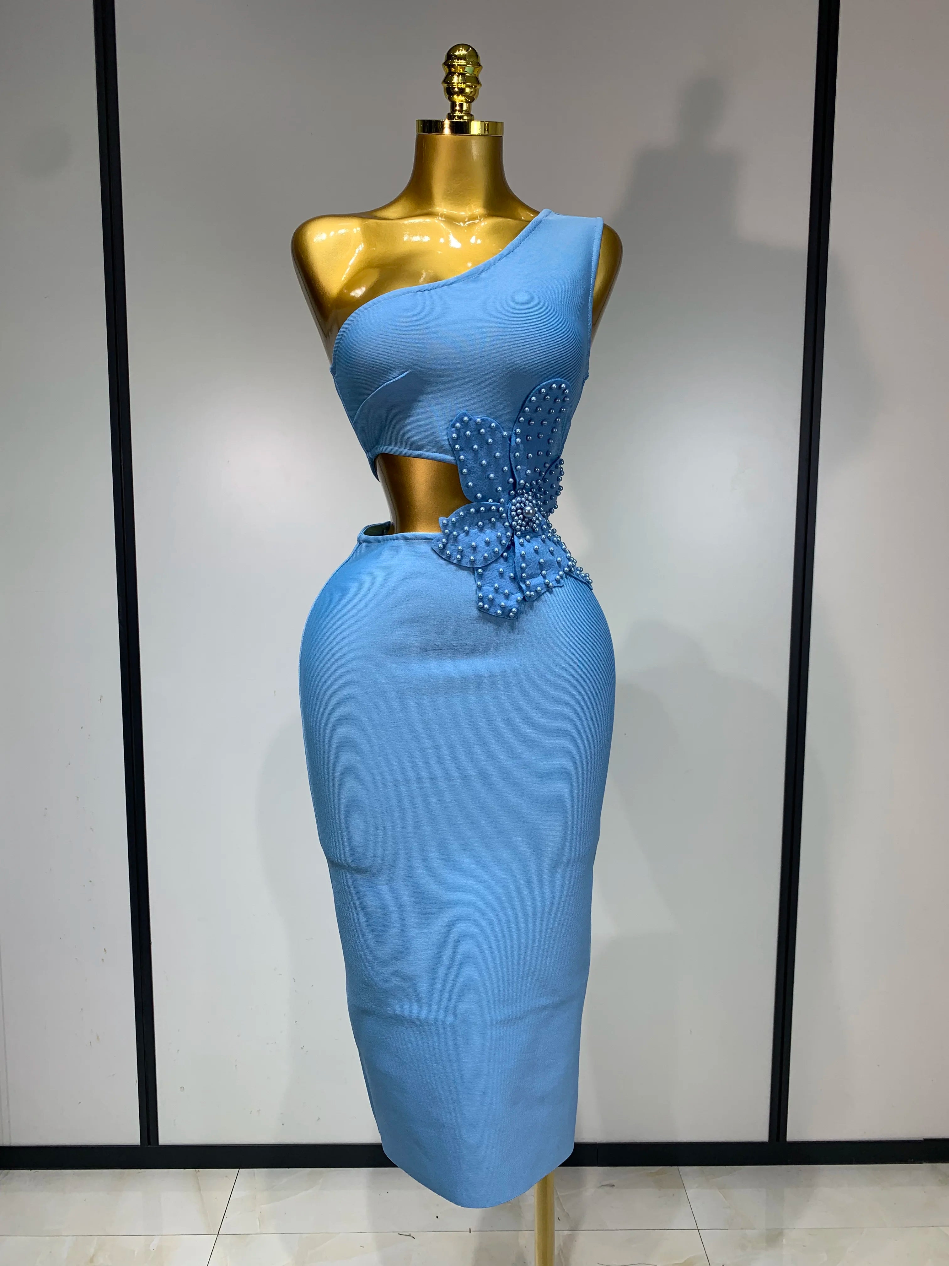 Women Sexy Luxury Birthday One Shoulder Pearl Sky Blue Bodycon Bandage Dress 2025 Celebrity Elegant Evening Club Party Outfit