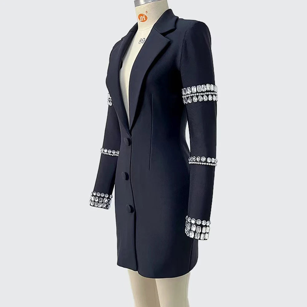 TWOTWINSTYLE Solid Slimming Spliced Diamonds Dresses for Women Lapel Long Sleeves Patchwork Single Breasted Elegant Dress Female