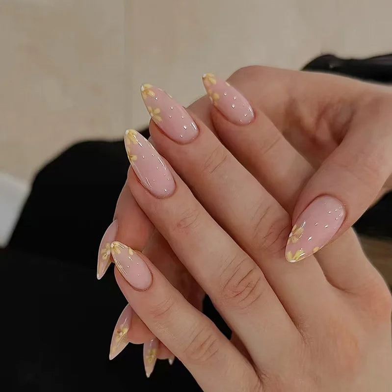 24Pcs Frosted Nude Color False Nails Press on Long Almond Round Head Nails Set with Cute Flowers Design Detachable Fake Nail Tip