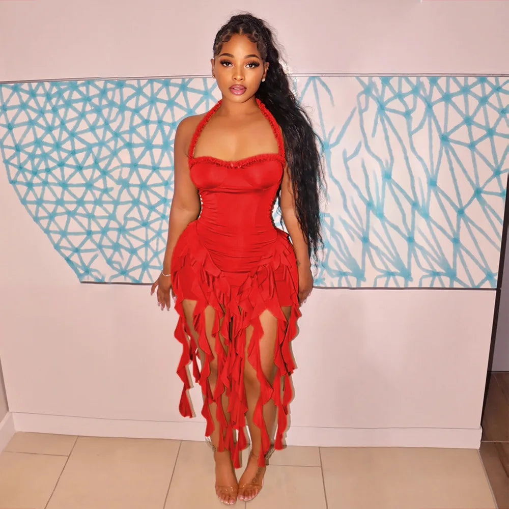 CM.YAYA Women Sleeveless Strapless Halter Long Dress Summer Streetwear Beach Tassel Evening Sexy Night Party Dresses Vestidos Red