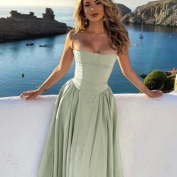Women Sexy Solid Sling Midi Dress Fashion Sleeveless Backless Pleated Hem Dresses Summer Female Party Evening A-line Robes Light Green