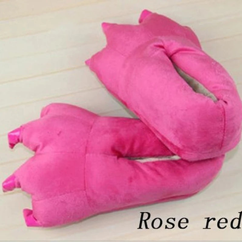 Winter Warm Soft Indoor Floor Slippers Women Men Shoes Paw Funny Animal Christmas Monster Dinosaur Claw Plush Home rose red