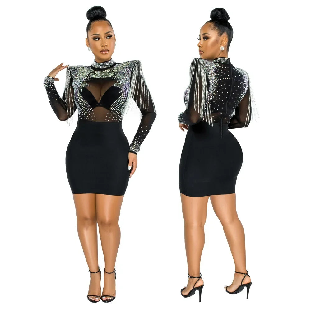 CM.YAYA Women Jumpsuit Solid High Collar Hot Drill Mesh Shoulder Cotton Long Sleeves Long Straight Jumpsuit Sexy Party Outfits black dress