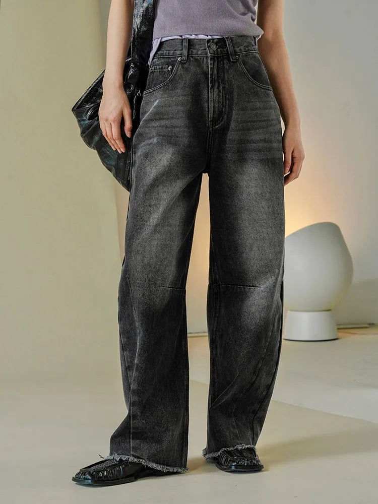 [LANMREM] Vintage Washed Jeans For Women High Waist Straight Wide Leg Denim Pants Streetwear Trousers Spring New 26D8252