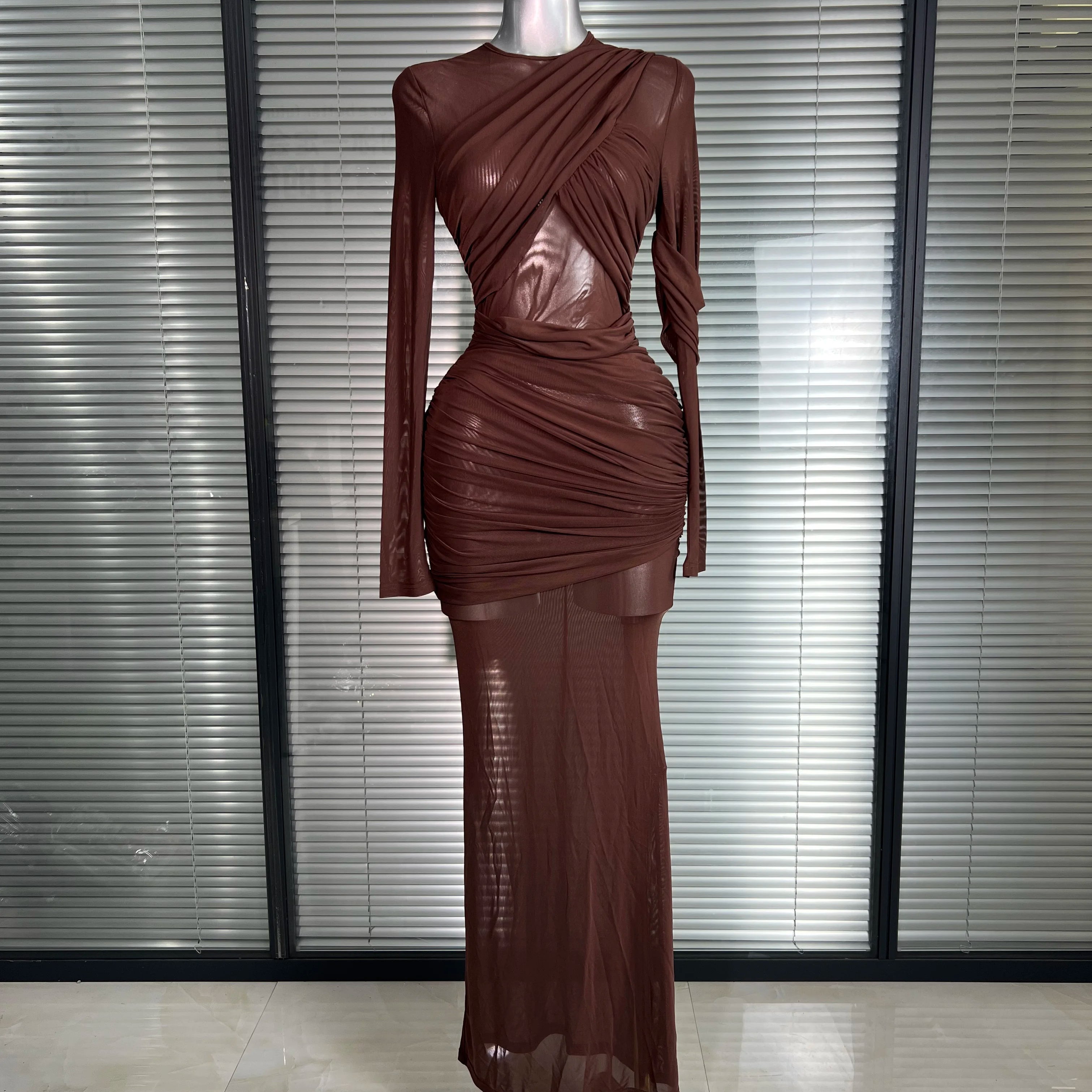 Summer New Women Sexy Long Sleeve Lace Mesh Ruched Maxi Dress Brown High Street Party Dress