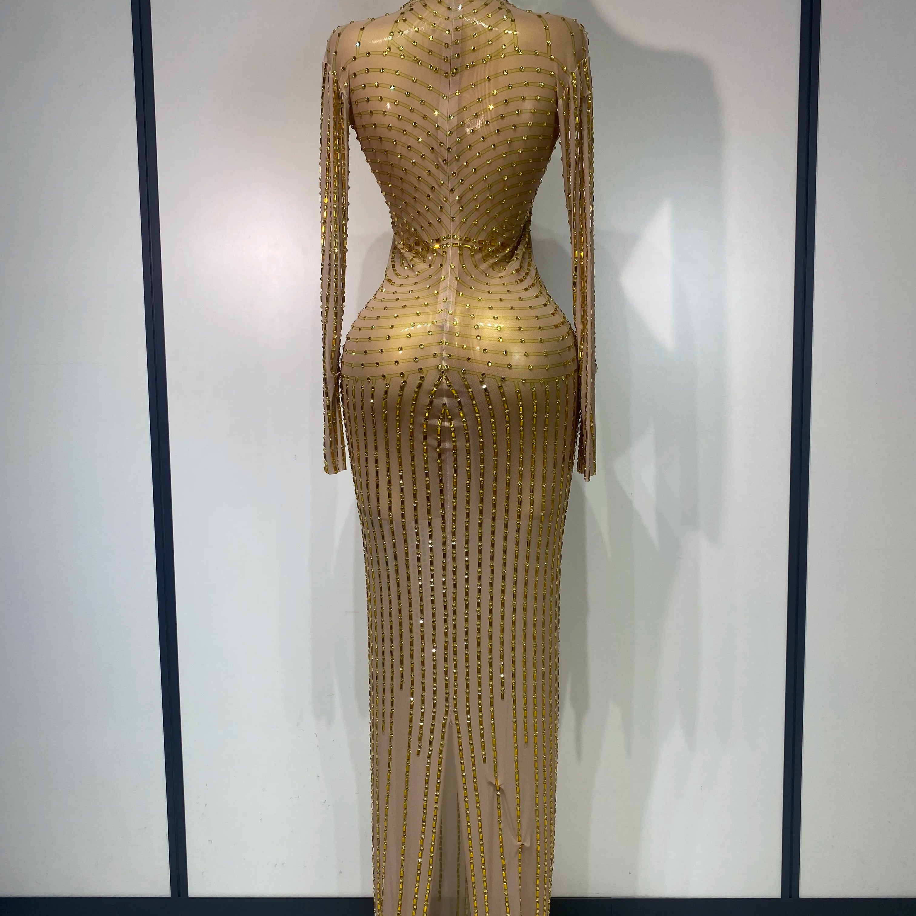 Sexy Long Sleeve Mesh See Through Gold Silver Maxi Dress Evening Party Singer Costume Stage Performance Luxury Birthday Dress