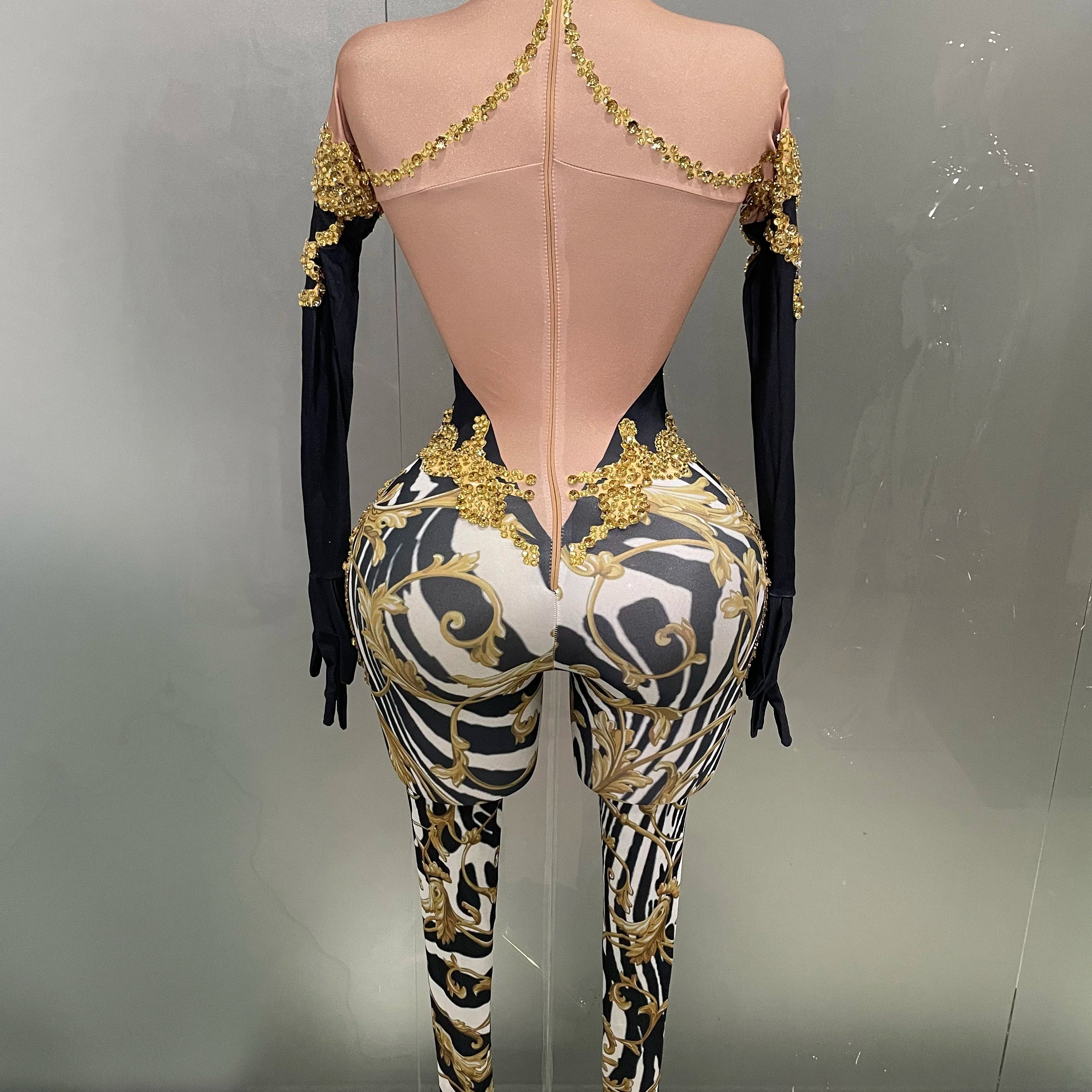 Sparkly Gold Rhinestones Jumpsuit With Gloves 2025 New Women Sexy Printed Party Nightclub Bar Singer Stage Performance Costume