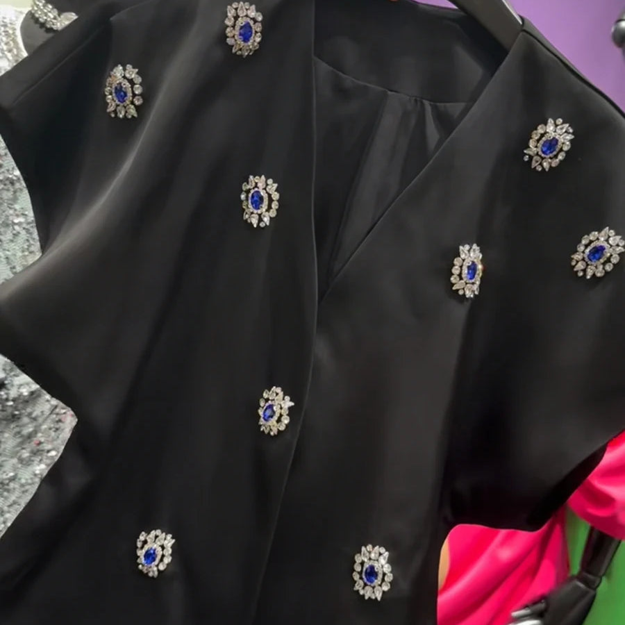 TWOTWINSTYLE Slimming Elegant Two Piece Sets for Women V Neck Short Sleeves Patchwork Bead Top High Waist Long Skirt Set Female