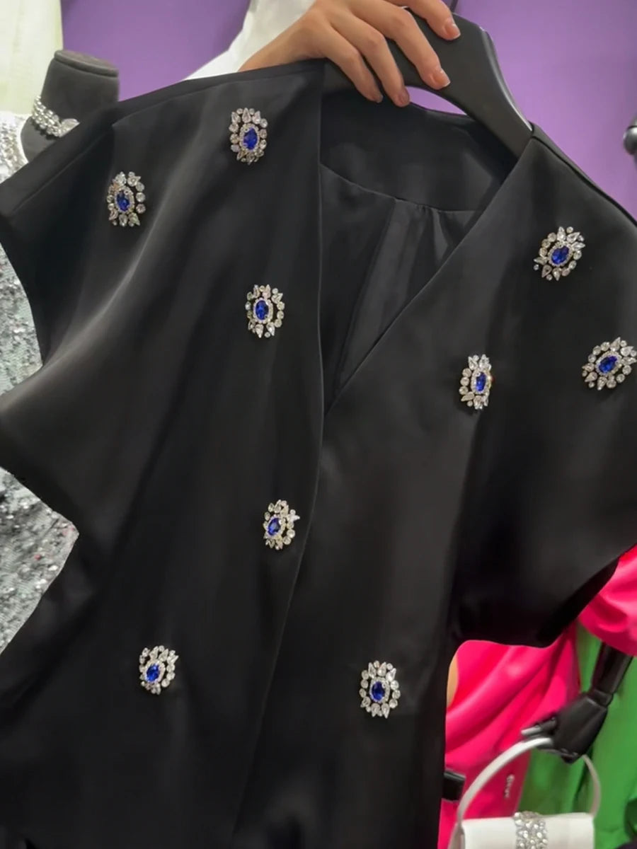 TWOTWINSTYLE Slimming Elegant Two Piece Sets for Women V Neck Short Sleeves Patchwork Bead Top High Waist Long Skirt Set Female