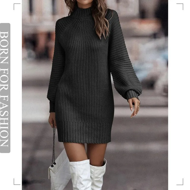 Vintage Winter Knitted Dress Ladies Chic Turtleneck Lantern Long Sleeve Mini Sweater Dresses for Women Clothes