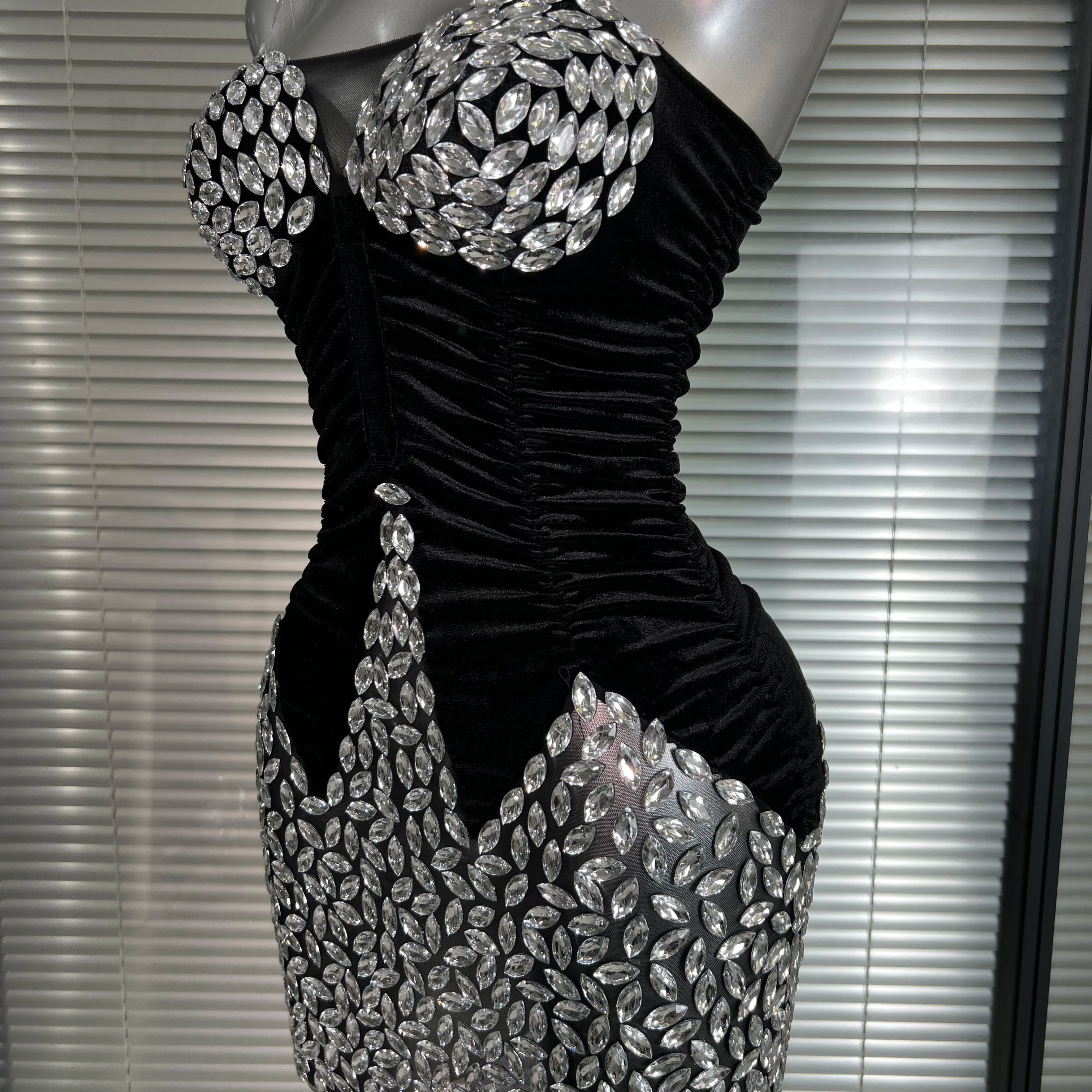 Women Sexy Mesh Crystal Diamonds Black Costume Stage Dancer Stretchy Night Club Strapless Mini Party Dress