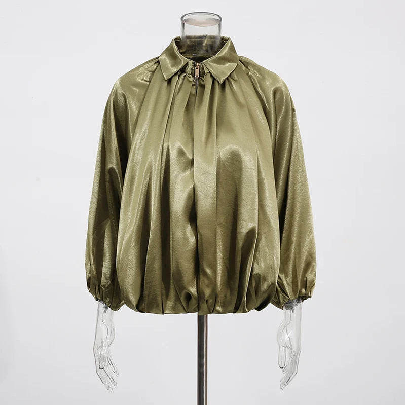 Solid Spliced Folds Casual Jackets for Women Lapel Long Sleeves Patchwork Zipper Temperament Jacket Femlae Fashion