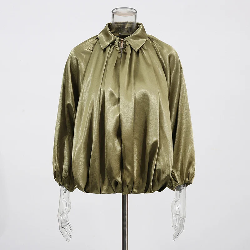 Solid Spliced Folds Casual Jackets for Women Lapel Long Sleeves Patchwork Zipper Temperament Jacket Femlae Fashion