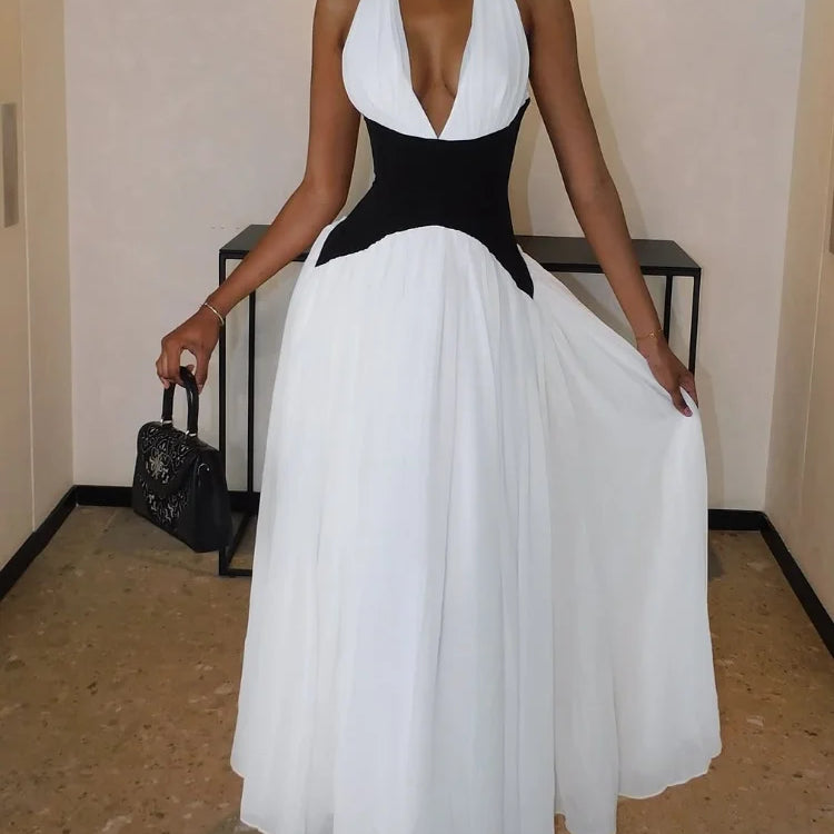 Elegant Contrasting Woman Long Dresses New Summer Sexy V Neck High Waist A-line Midi Vestidos Lady Evening Sleeveless Club Robes