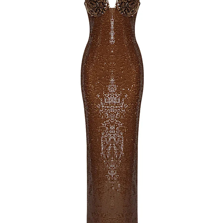 Sexy V Neck Spaghetti Straps Slit Long Dress Luxury Sleeveless Sequins Flower Bodycon Dress Celebrity Runway Club Party Dress AS Picture