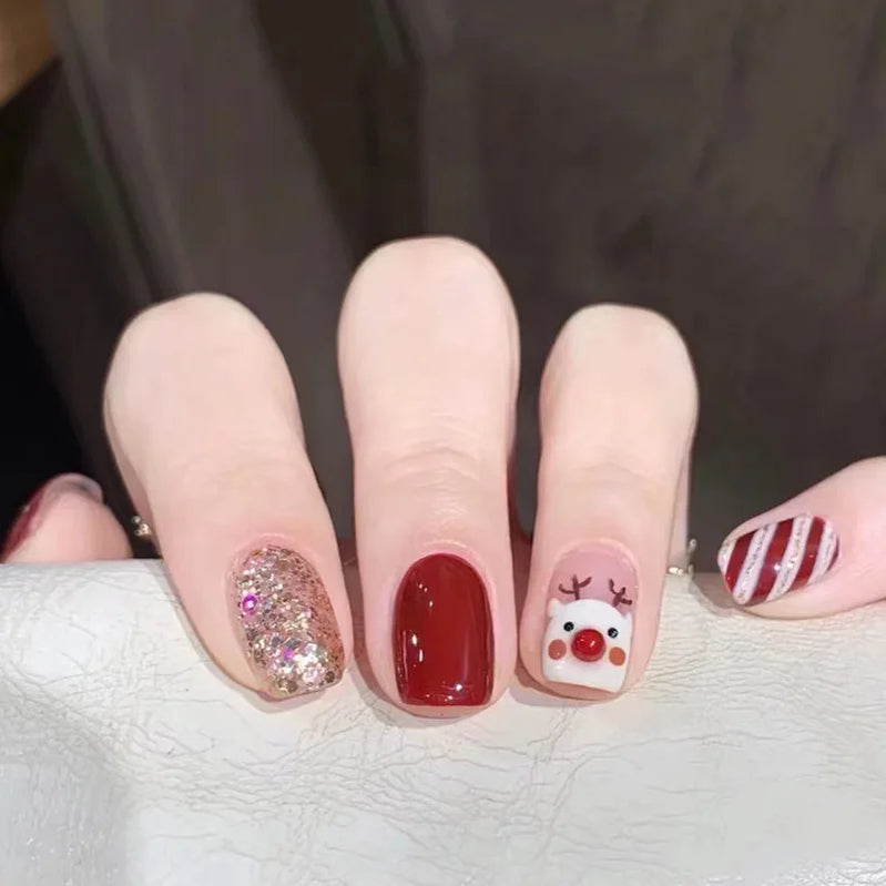 24Pcs/Set Christmas Collection Wearing False Nails Art Elk Santa Claus Snowman Press on Nail Tips Kawaii Acrylic Stick on Nails PDJ2355-R618