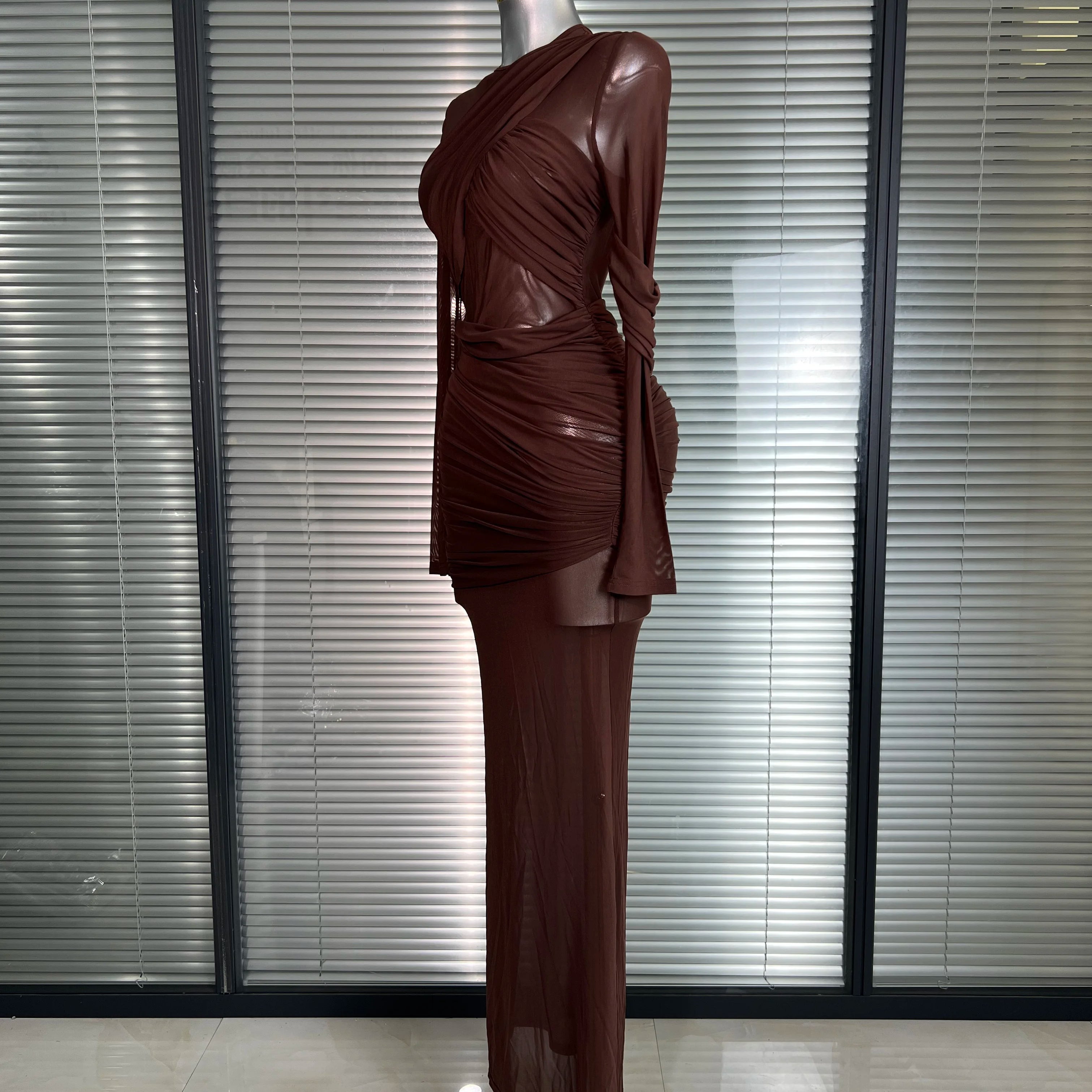 Summer New Women Sexy Long Sleeve Lace Mesh Ruched Maxi Dress Brown High Street Party Dress