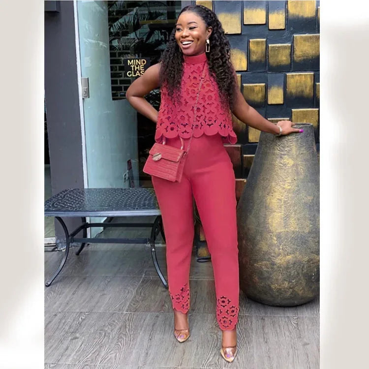 Wmstar Women Two Piece Set Plus Size Summer Fashion Sleeveless Casual Outfits Solid Color Holiday Long Pants Office Streetwear