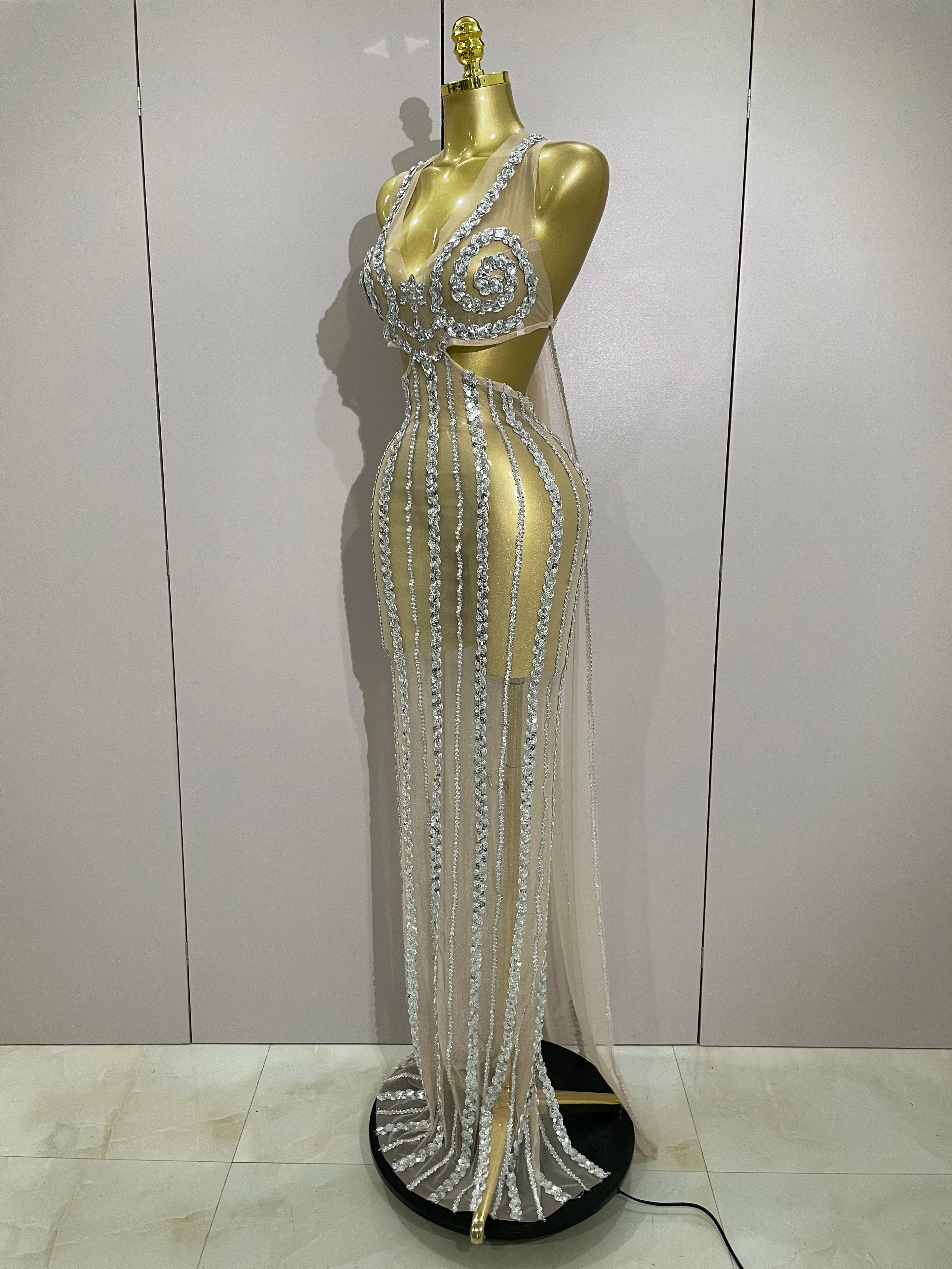 Luxury Sparkly Diamonds Sequins Sexy Mesh See Through Long Dress 2025 Women Celebrate Birthday party Dresses Festival Costume