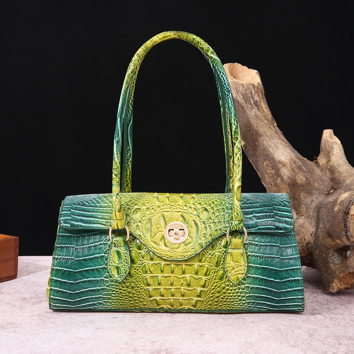 Multicolor Crocodile Pattern Fashion Handheld Stick Bag Large Capacity One Shoulder Underarm Bag Women's Luxury Handbag EmeraldGreen