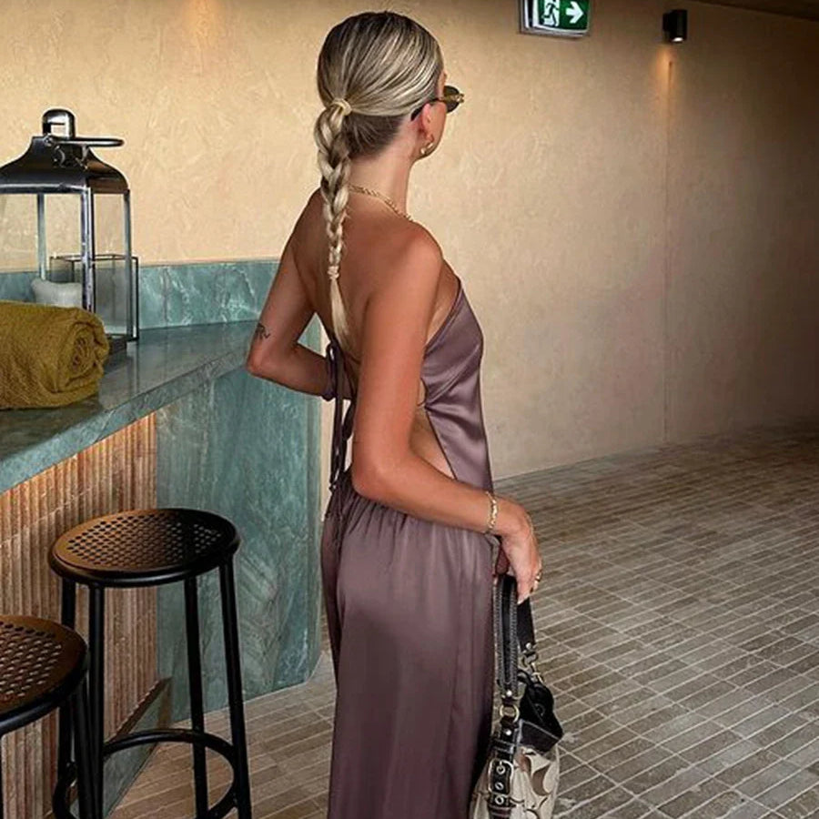 Combhasaki Women's Y2K Satin 2Piece Outfits Bandage Lace-up Backless Bandeau Tops+ Wide Leg Pants Set Streetwear Aesthetic Suits