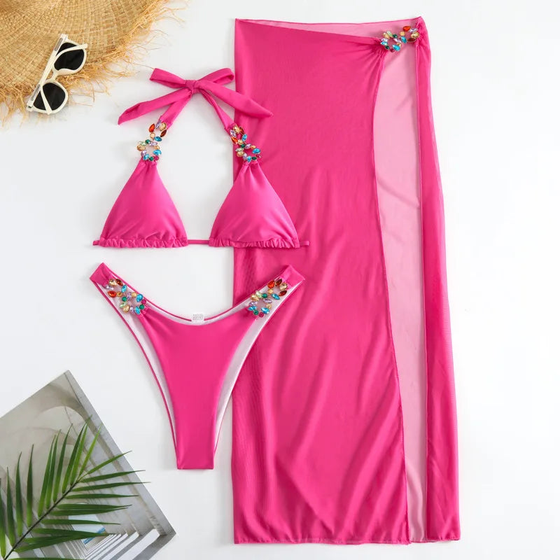 Yellow Sexy Rhinestones Bikinis Women Swimwear Female Swimsuit Swimming Bathing Suits Brazilian Bikini Set Beachwear Bather A23081102A