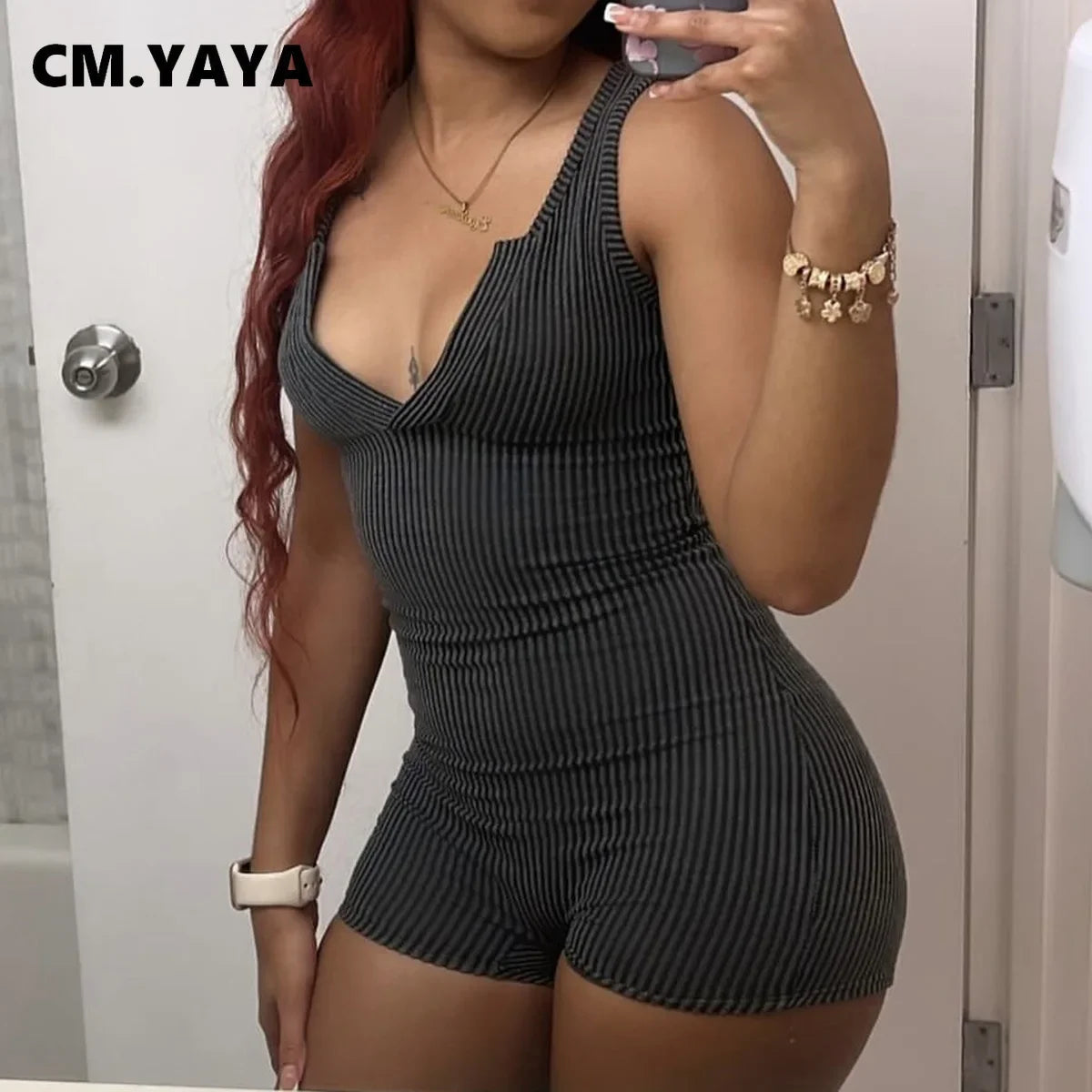 CM.YAYA Women Knitted Sleeveless V-neck Short Jumpsuits Street 2024 Summer Washed Casual Sexy One Piece Suit Romper Playsuits