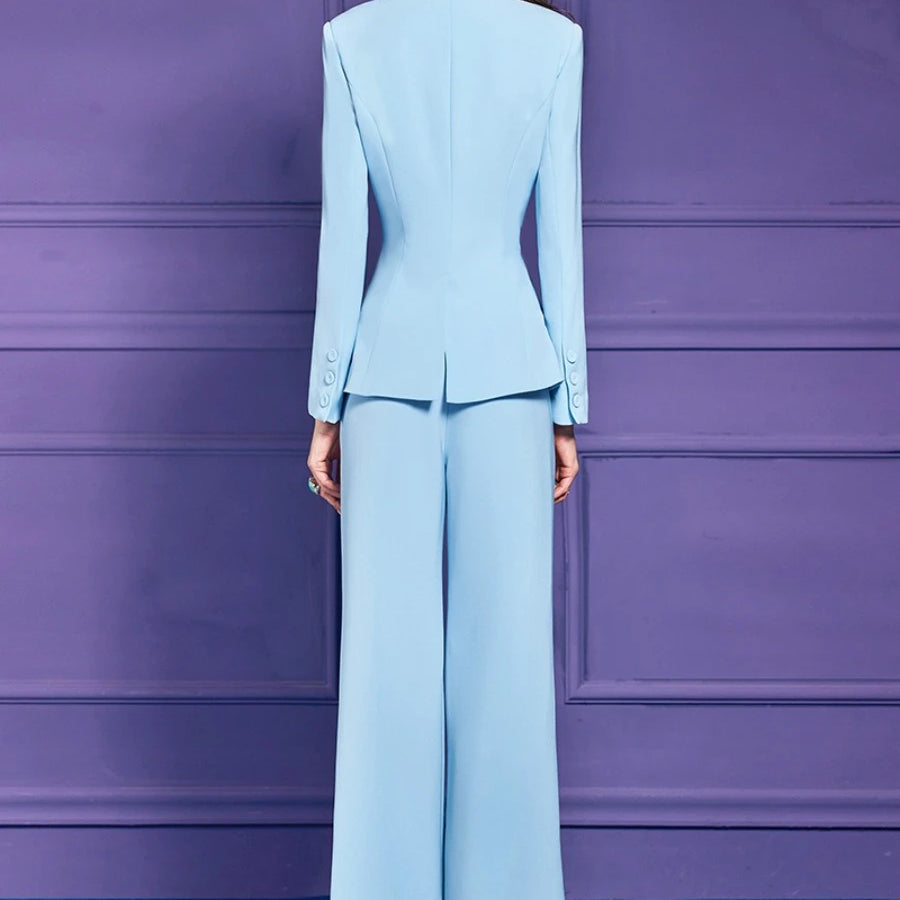 TWOTWINSTYLE Slimming Spliced Bead Two Piece Sets for Women V Neck Long Sleeves Patchwork Button Top High Waist Pants Set Female