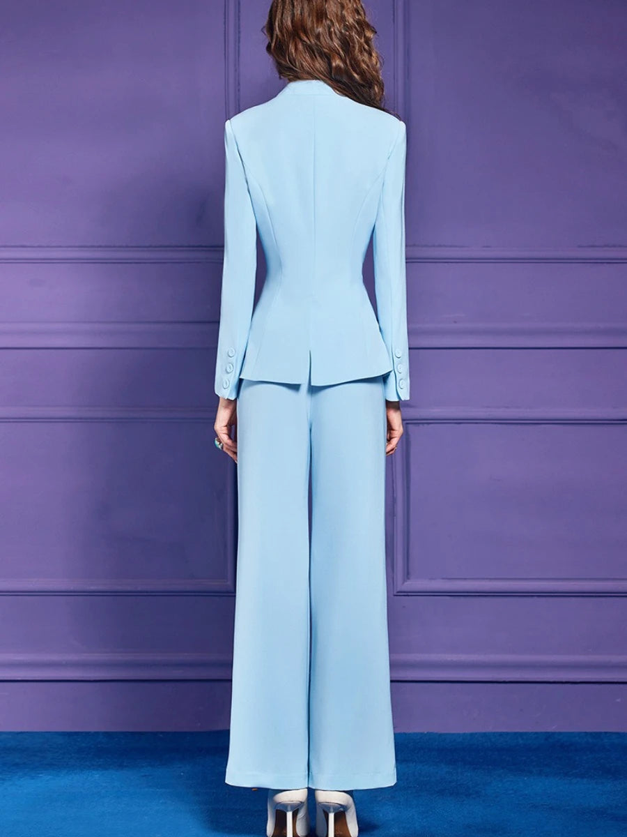 TWOTWINSTYLE Slimming Spliced Bead Two Piece Sets for Women V Neck Long Sleeves Patchwork Button Top High Waist Pants Set Female