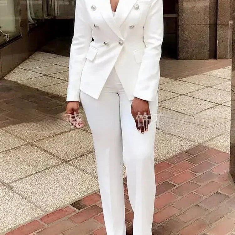 CM.YAYA Elegant Women Double Breasted Blazer Top Suit and Pants OL 2023 Two 2 Piece Set Outfits