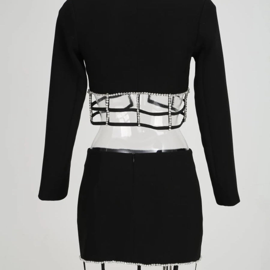 TWOTWINSTYLE Solid Slimming Spliced Bead Two Piece Sets for Women Lapel Long Sleeves Top High Waist Skirt Hollow Out Set Female