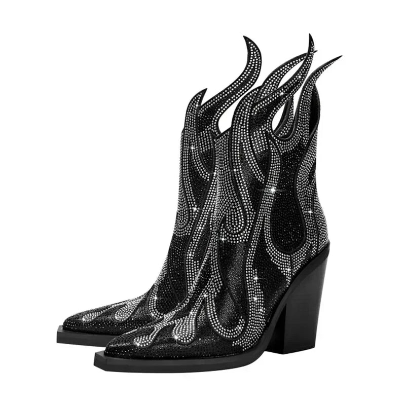 New Women's Rhinestone Flame Ankle Boots Fashion Square Head High Heels Western Boots Party Dress 43 Large Short Boots