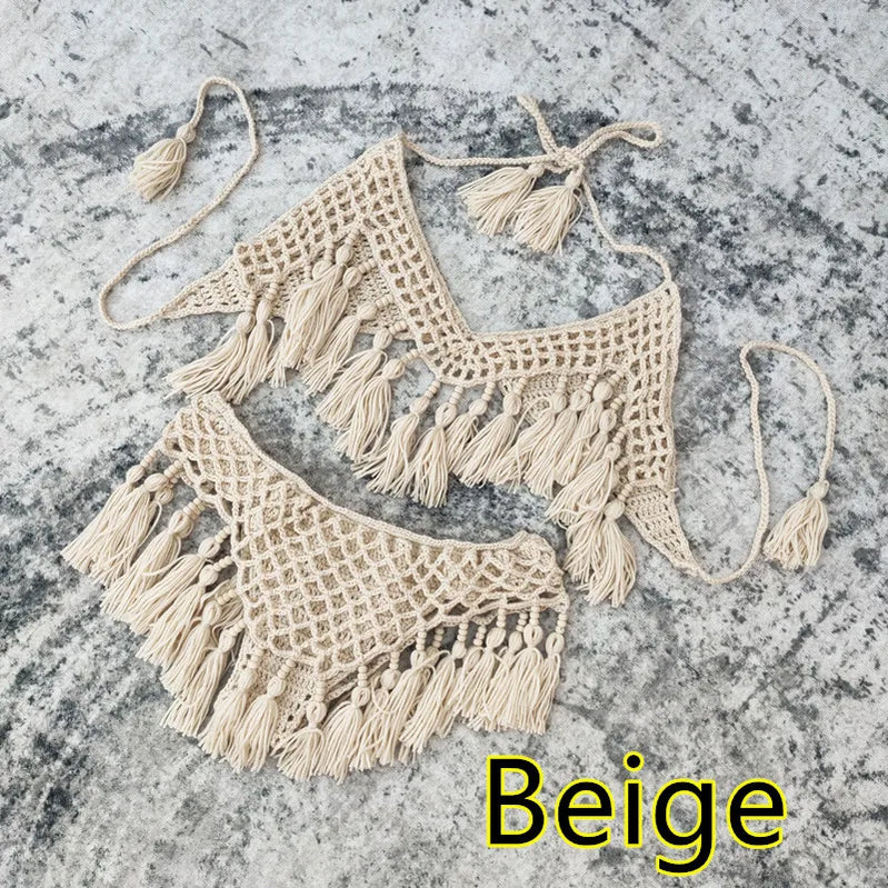 Sexy Crochet Bikinis Set Women Handmade Beading Tassel Knitting Bathing Suit Swimsuit 2021 New Micro Swimwear Summer Beachwear 14 Acrylic