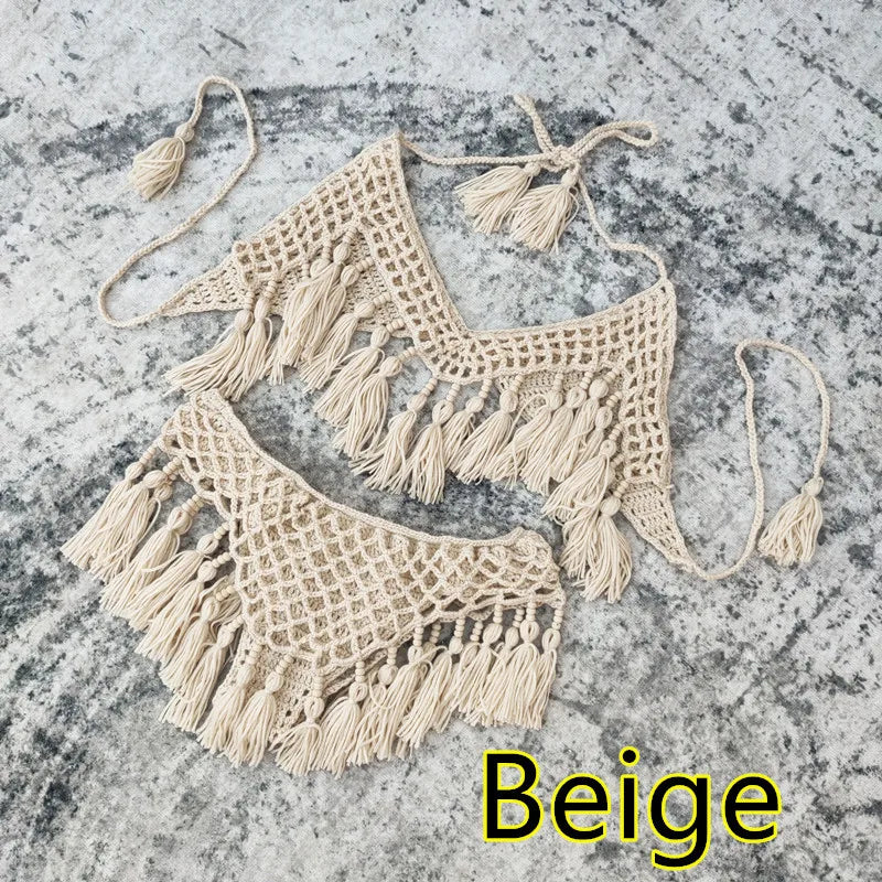 Sexy Crochet Bikinis Set Women Handmade Beading Tassel Knitting Bathing Suit Swimsuit 2021 New Micro Swimwear Summer Beachwear 14 Acrylic
